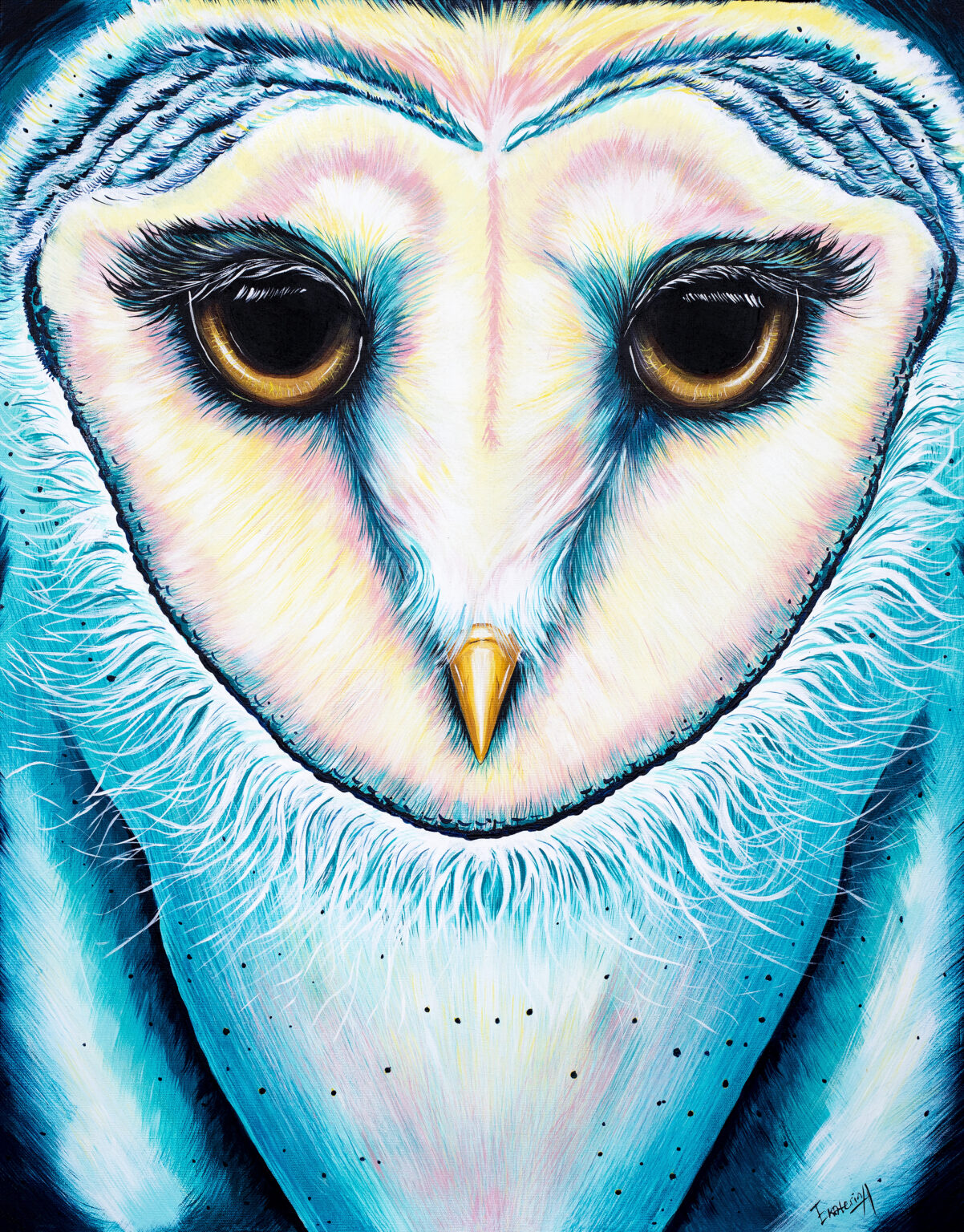 Animalize painting of a barn owl facing forward, by Ekaterina Sky
