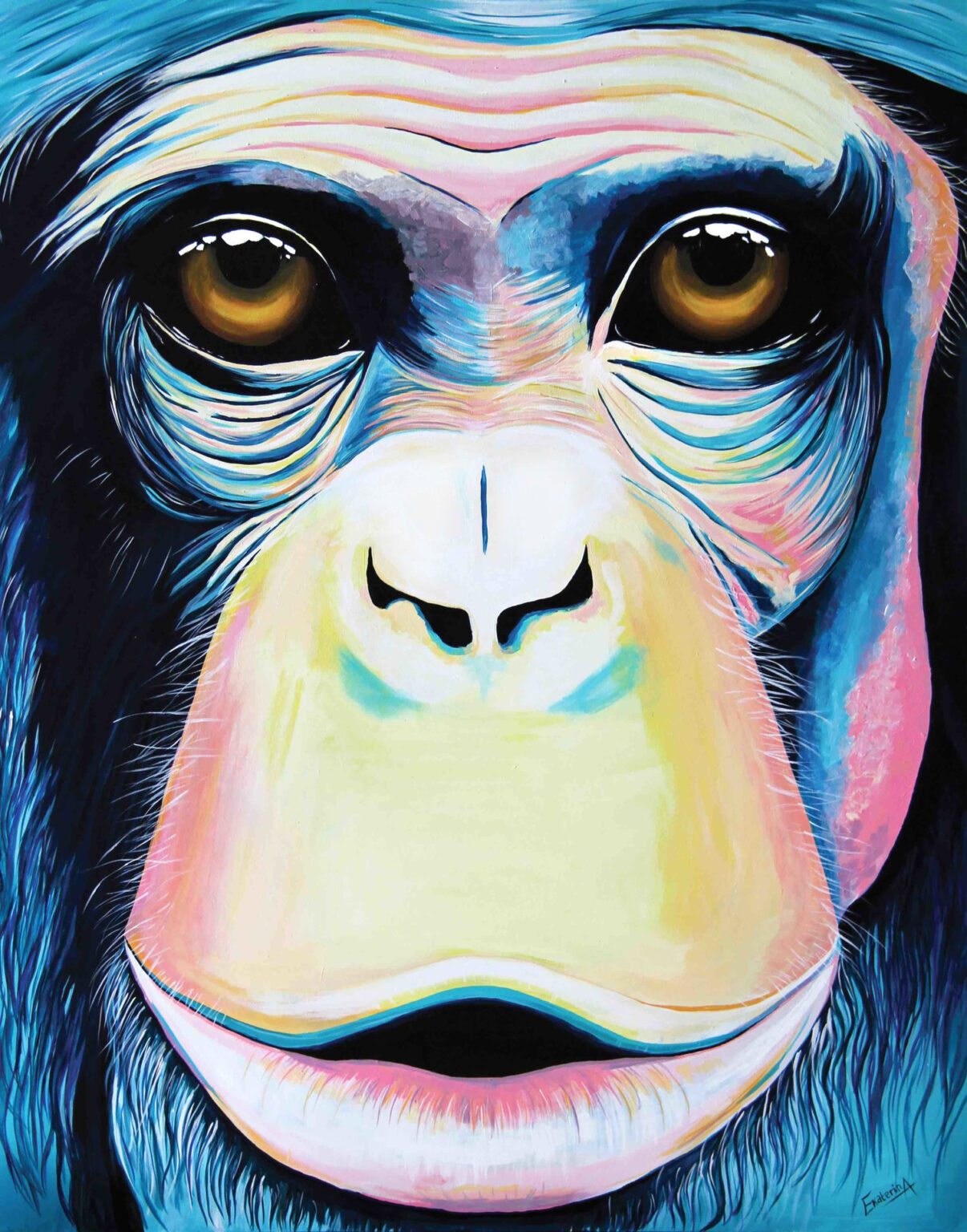 Animalize painting of a chimpanzee facing forward, by Ekaterina Sky