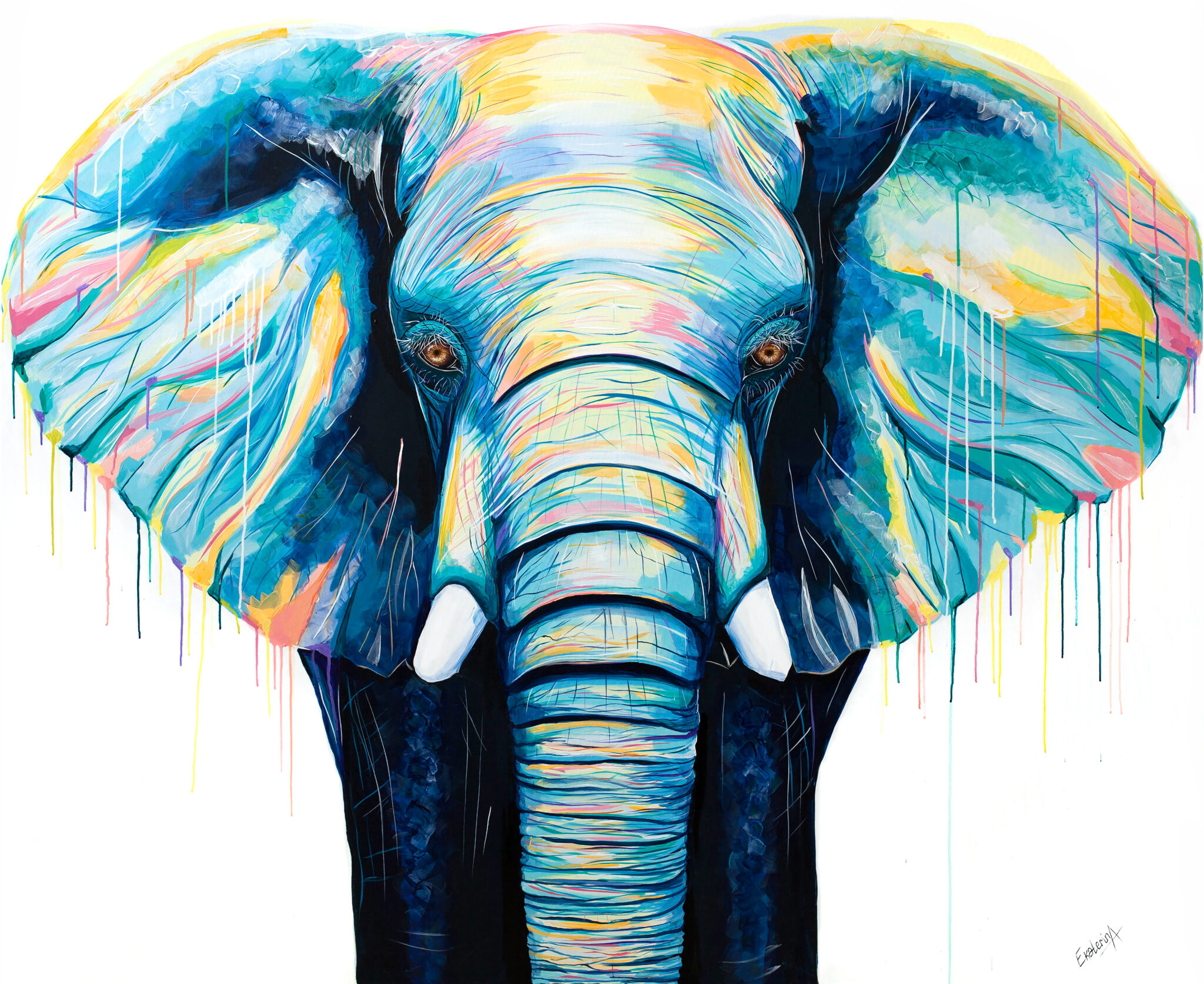 Animalize painting of an elephant in dripping blue paint, by Ekaterina Sky