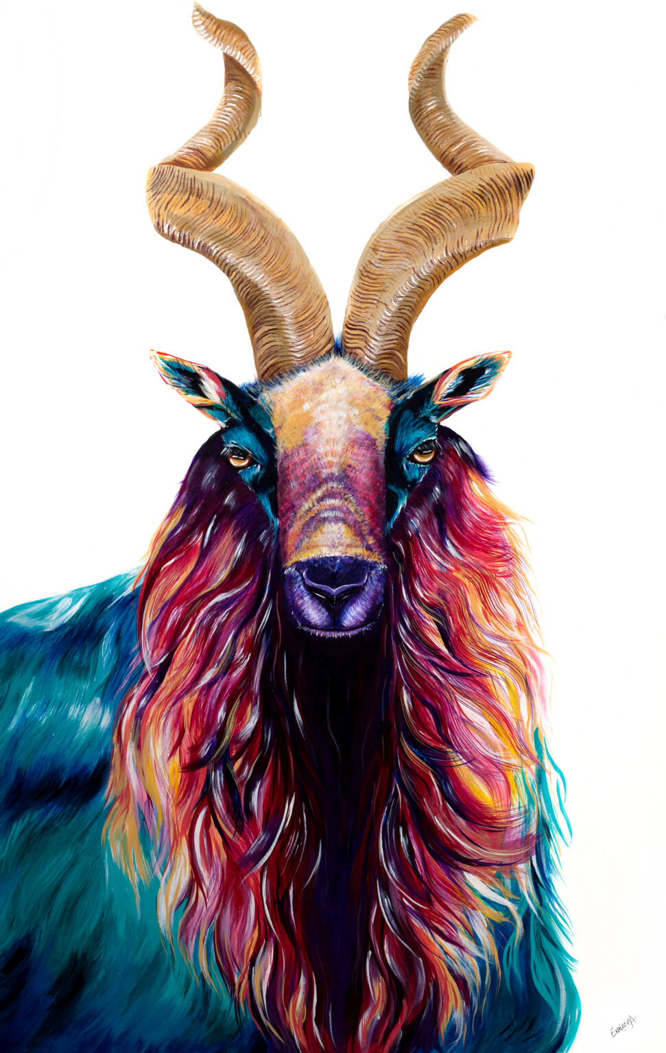 Animalize painting of a goat with long horns, by Ekaterina Sky