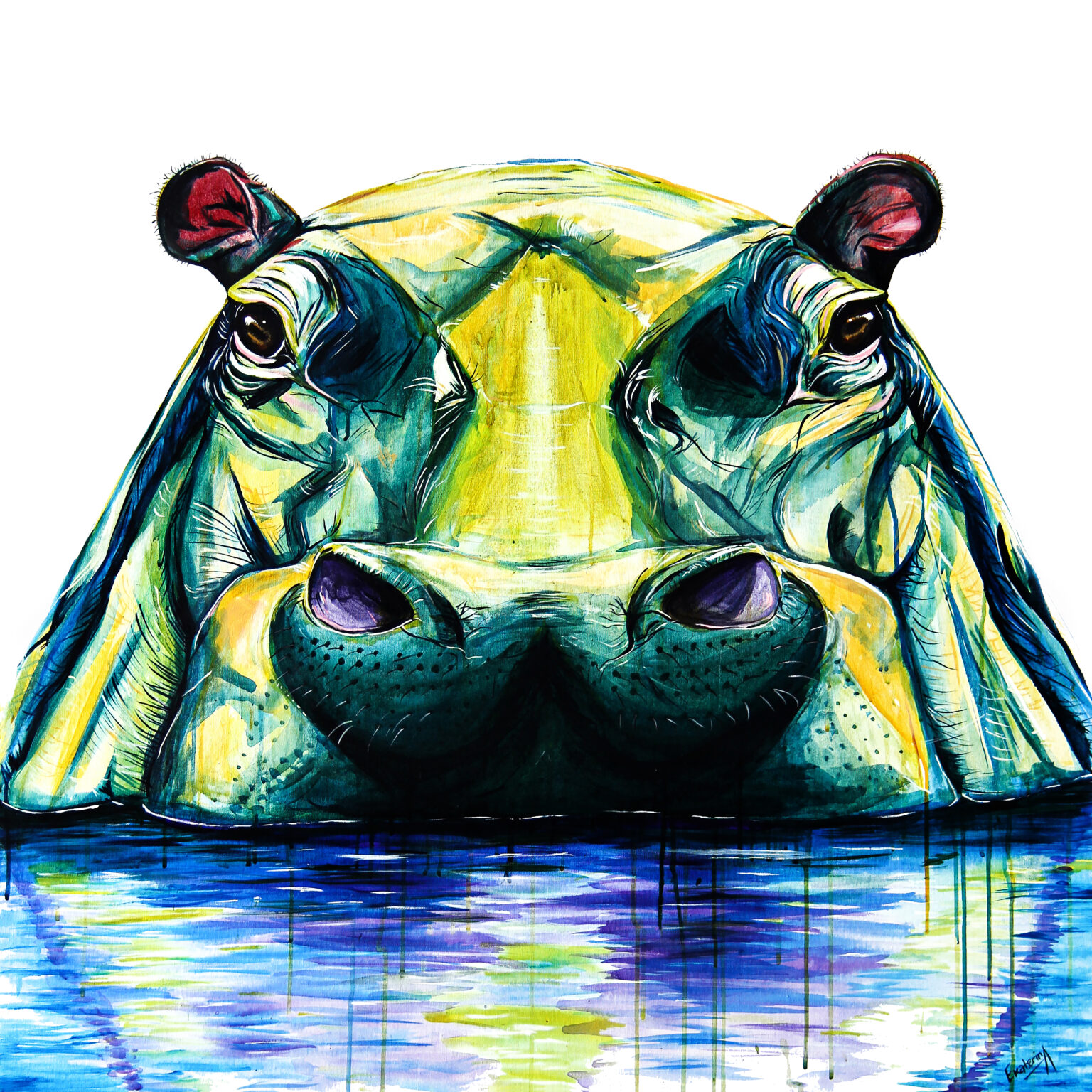 Animalize painting of a hippopotamus rising from the water, by Ekaterina Sky
