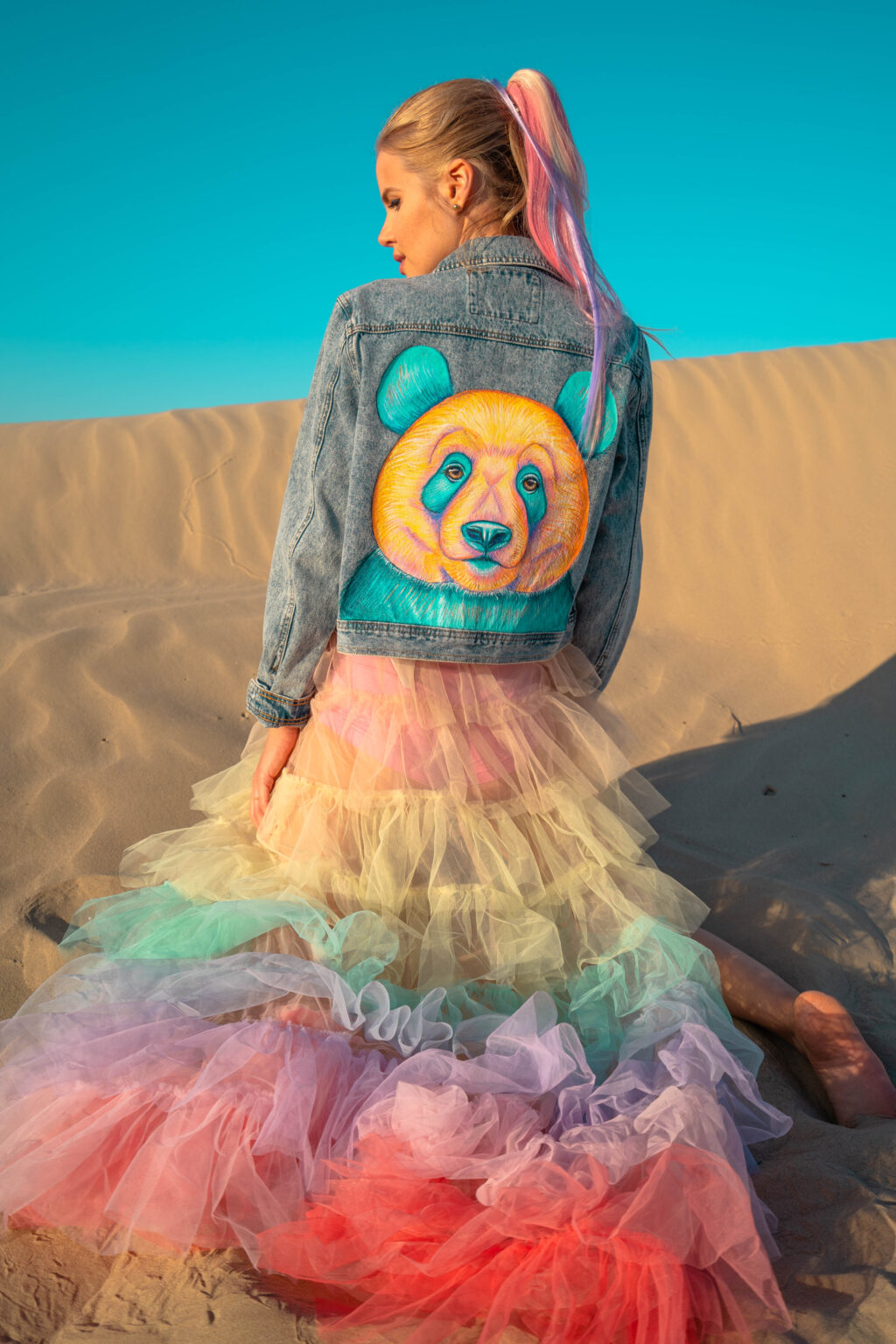 Denim jacket hand painted with a panda, Animalize hand painted collection