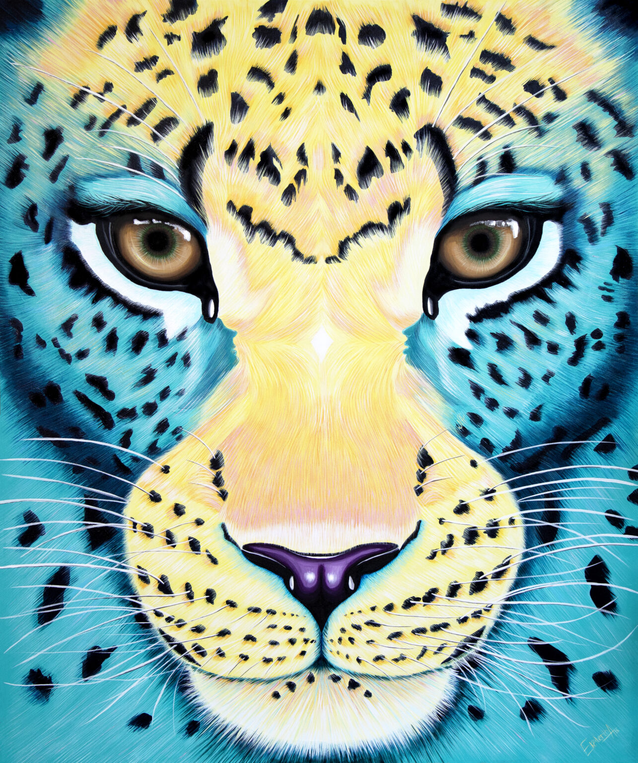 Animalize painting of a leopard facing forward, by Ekaterina Sky
