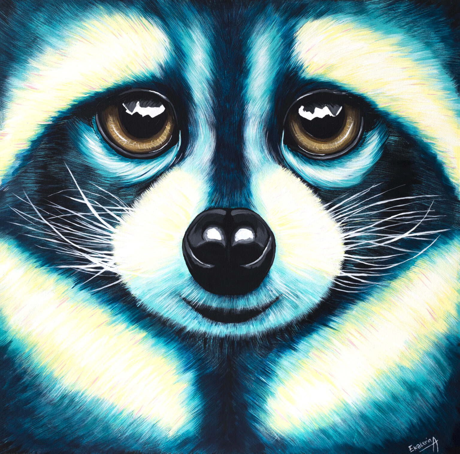 Animalize painting of a raccoon facing forward, by Ekaterina Sky
