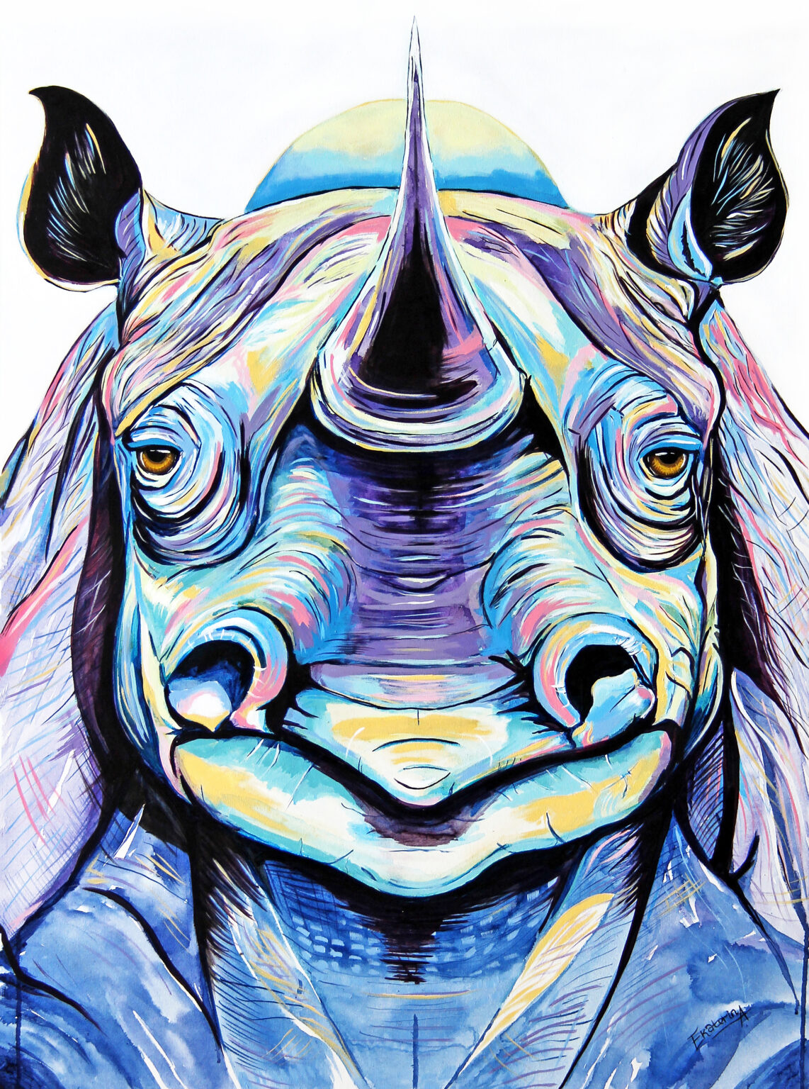 Animalize painting of a rhinoceros facing forward, by Ekaterina Sky