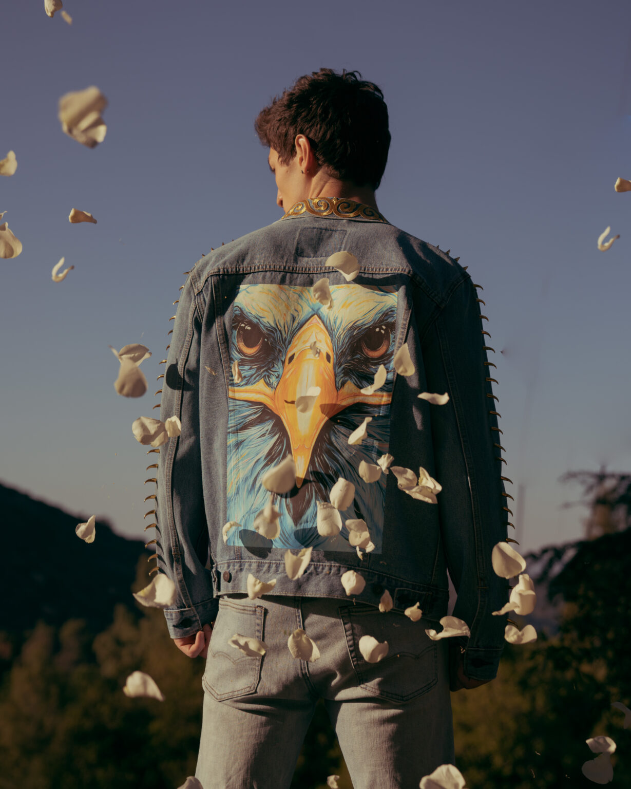 Back of an Animalize capsule denim jacket with an eagle painting