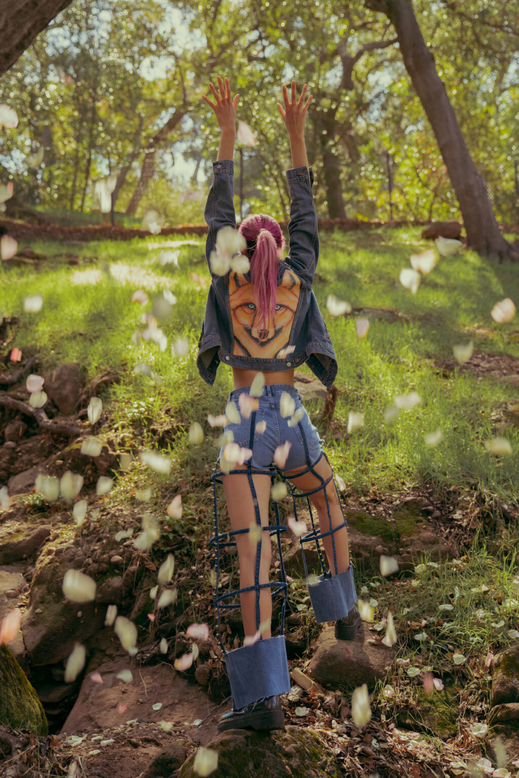 Animalize capsule denim jacket worn in the forest
