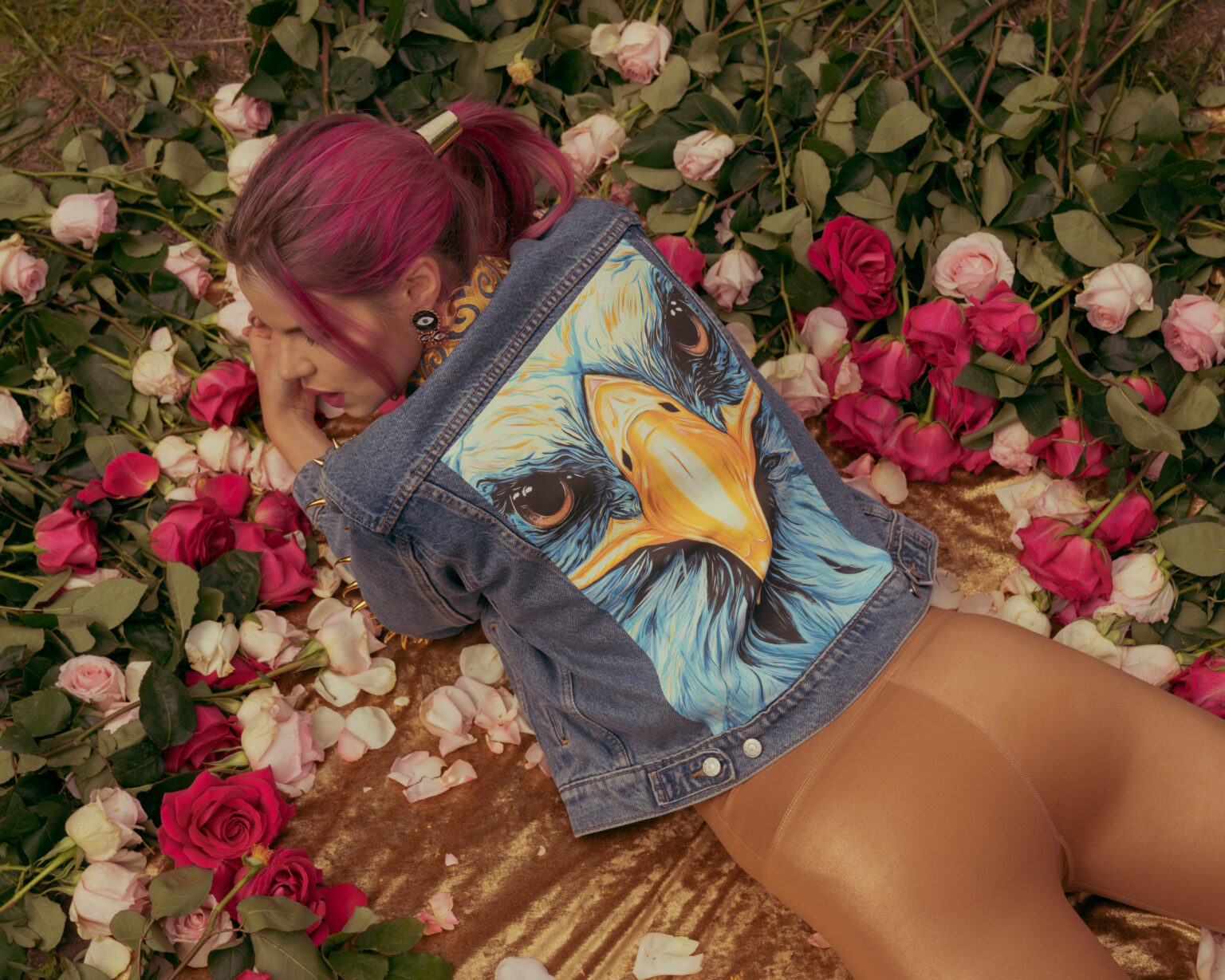 Animalize capsule denim jacket with an eagle painting, among roses