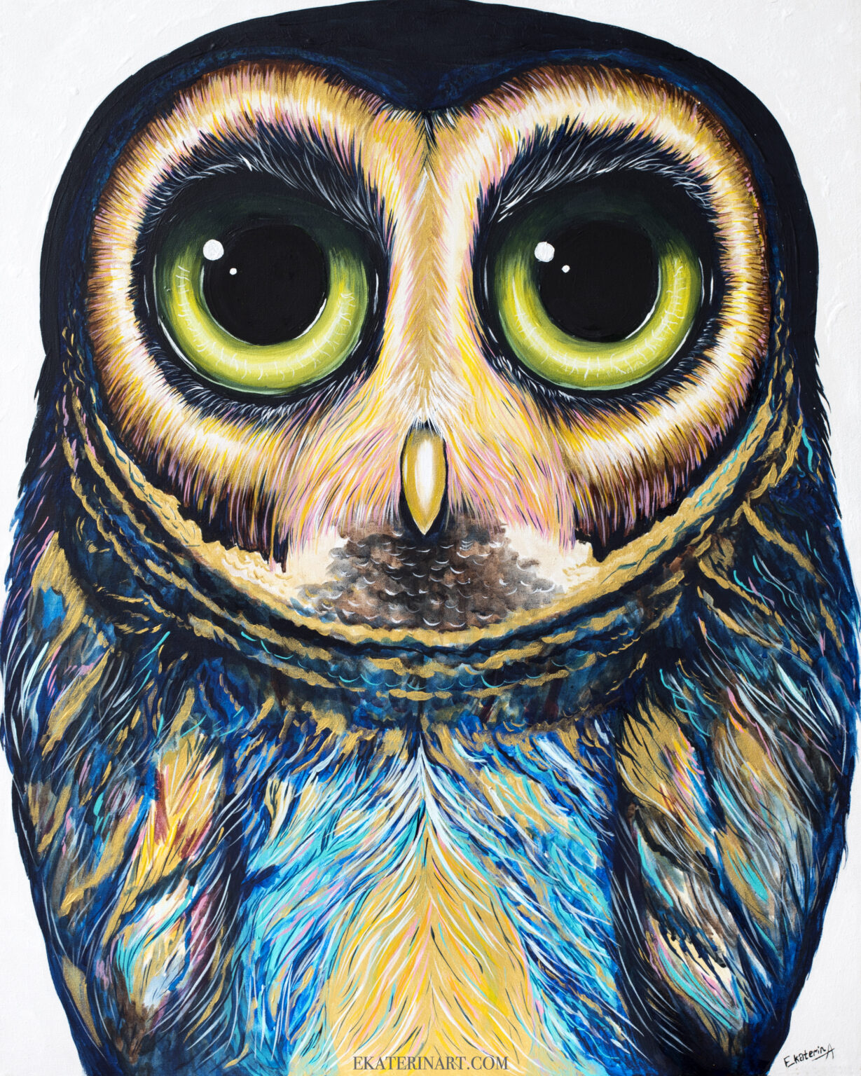 Canadian Animalize painting of a barn owl in gold tones, by Ekaterina Sky